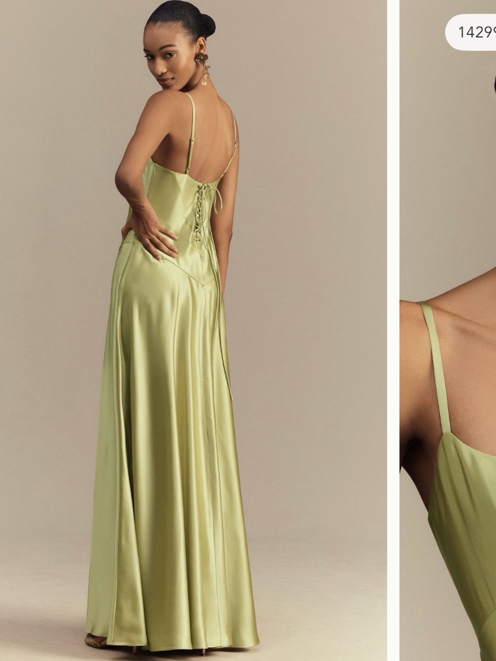Anthropologie Olive Satin Slip Maxi Dress - Picture 2 of 7